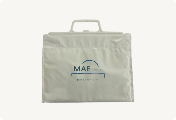 Bolsa de asa rígida blanca con logo de maebolsas