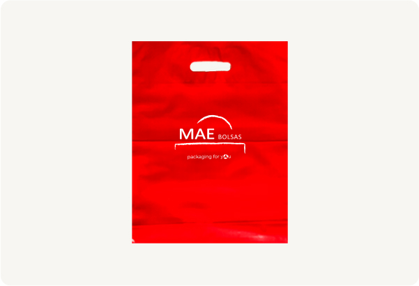 Bolsas de asa troquelada parche pegado/soldado roja con logo de mae bolsas blanco