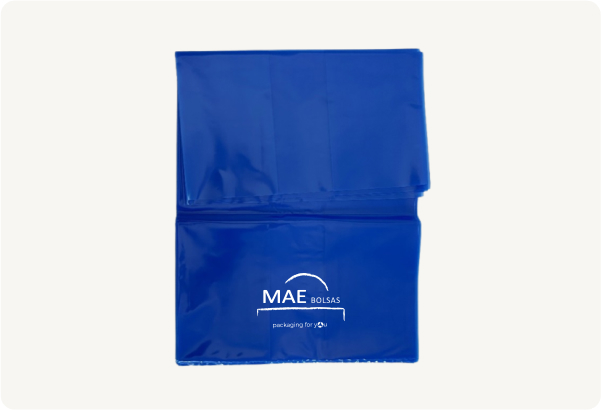 Saco industrial azul con logo de maebolsas